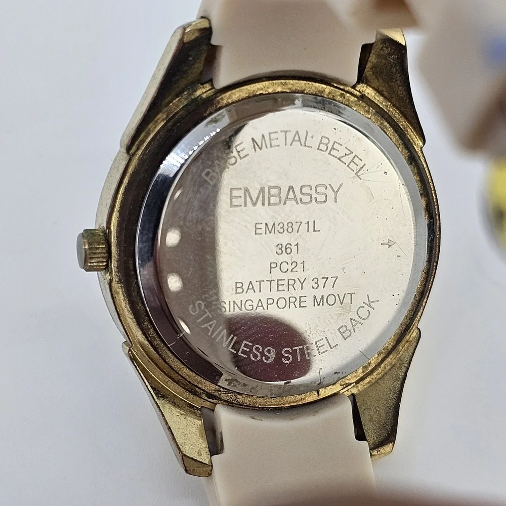 Embassy Women's Watch 34MM Gold Dial Cream Plastic Bands New Battery‎